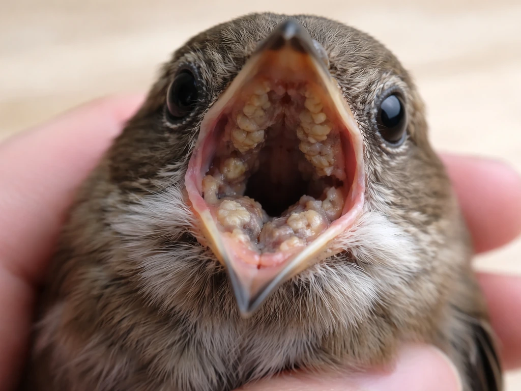 Close-up of a small bird’s open beak with visible oral/throat lesions in a softly lit setting.