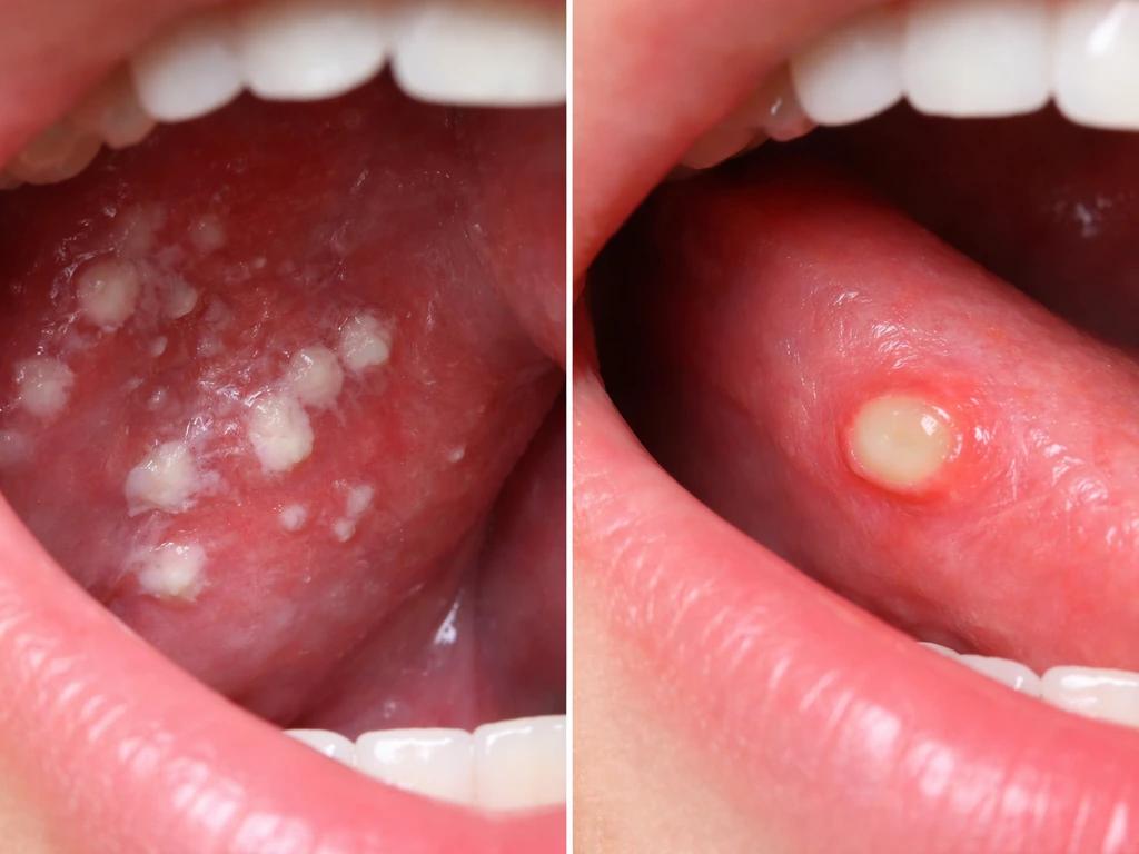 Side-by-side close-up of mouth/throat lesions showing yeast-like white patches versus a shallow ulcer crater.