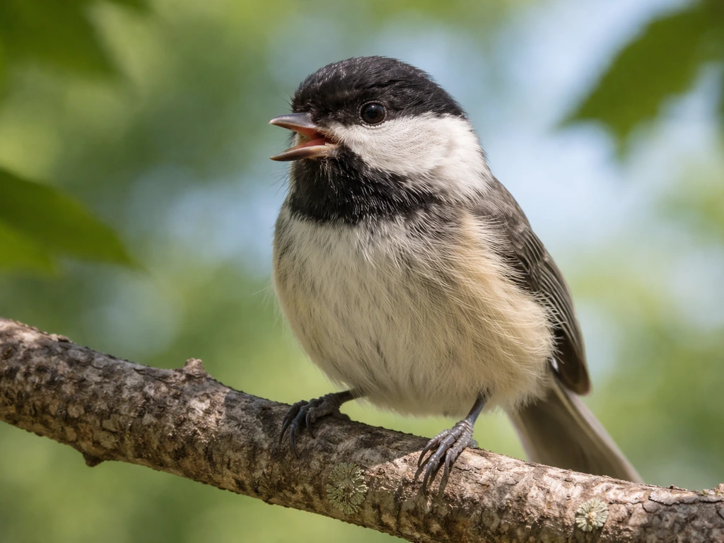 Small bird with beak slightly open and subtle throat movement, showing early overheating signs.