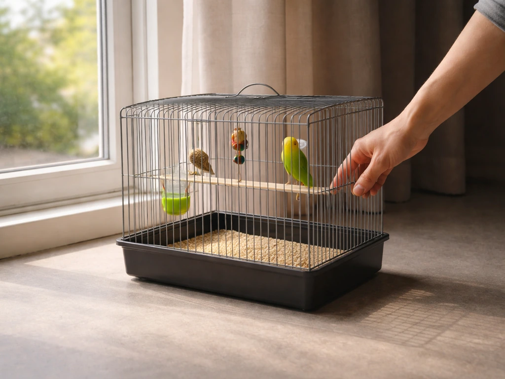 An owner’s hand moves a small bird cage from direct sun to a shaded window area.