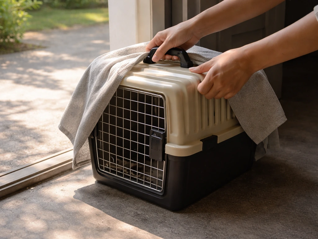 Hands moving a covered bird carrier from direct sun into a shaded, cooler room doorway.