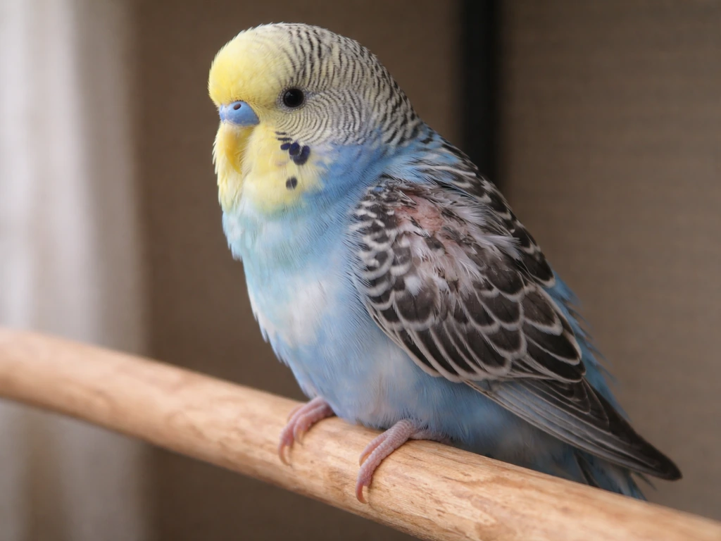 Close-up of a budgie with visible missing patches and rough, abnormal feathers on its back and wing.