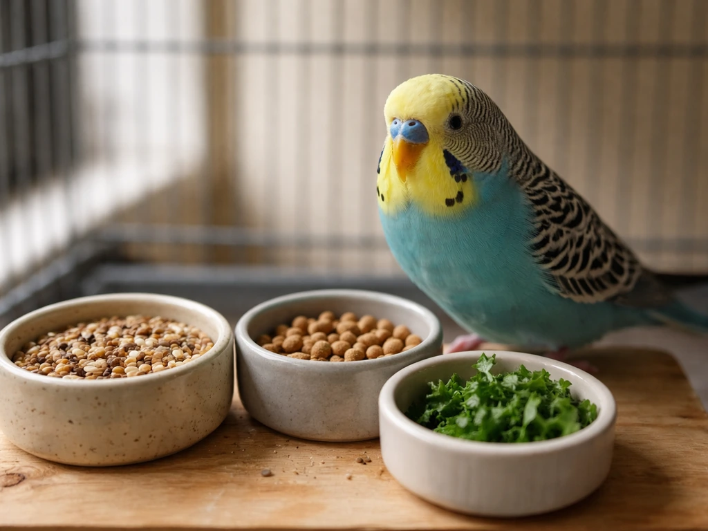 Budgie perched by two food bowls—seeds, pellets, and fresh greens—showing diet and husbandry factors.