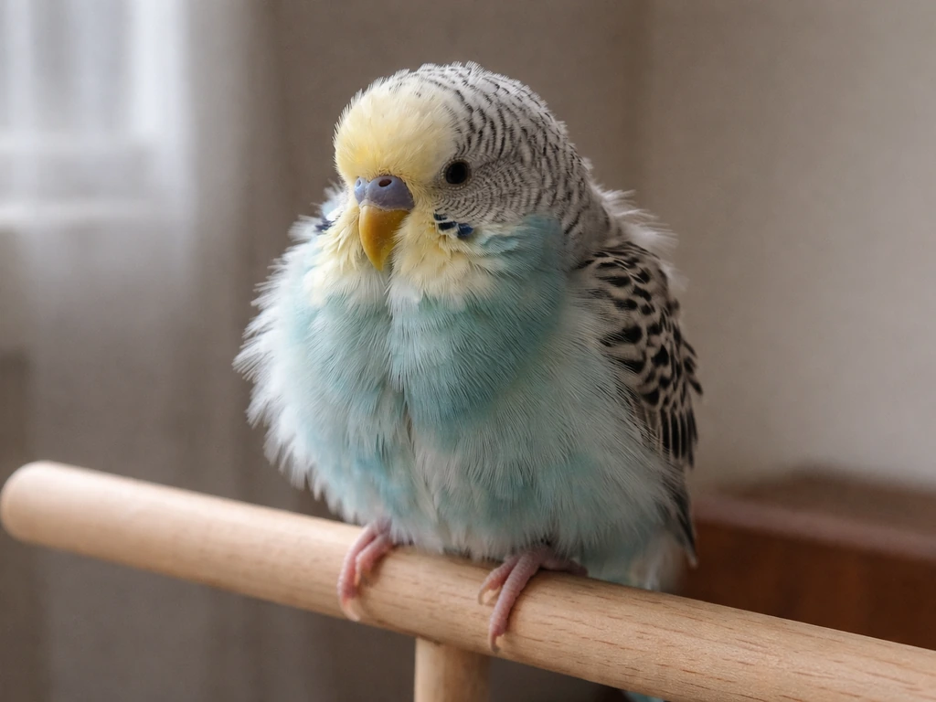 A budgie perched with puffed-up, non-groomed feathers, emphasizing fluffed posture as a health clue.