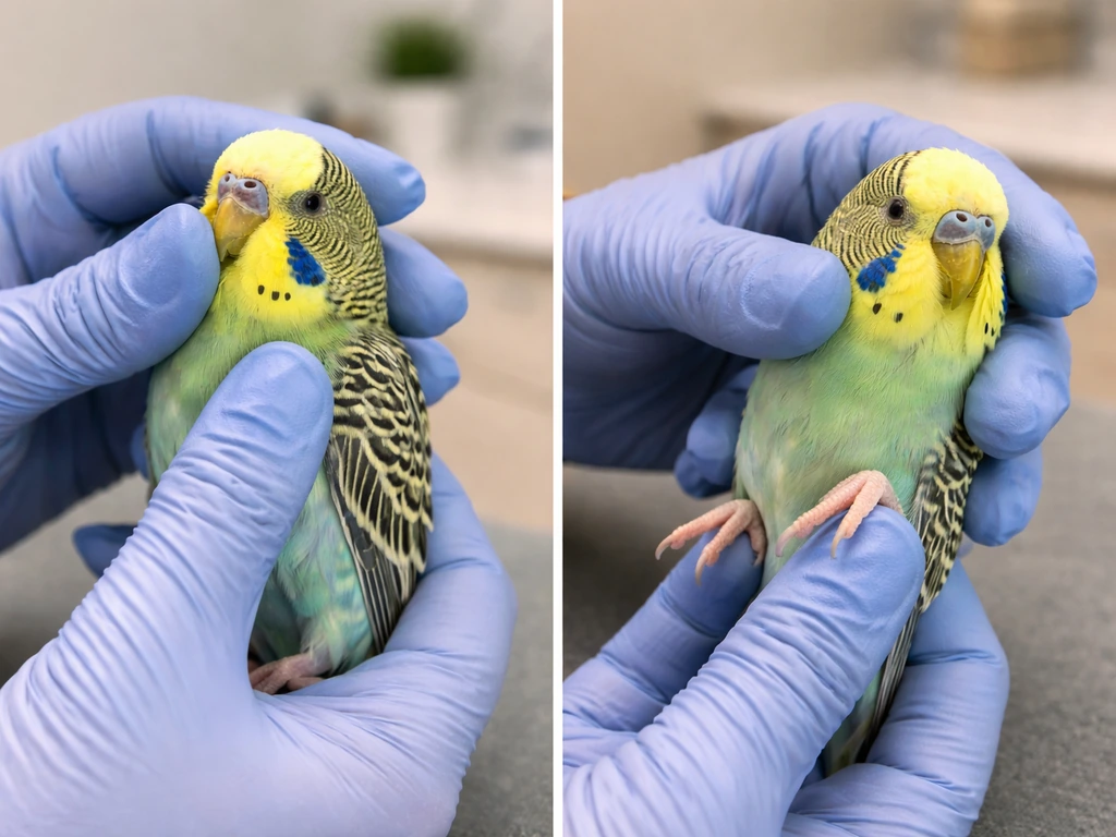 Vet gently examining a budgie’s beak, legs, and feathers in a bright clinic