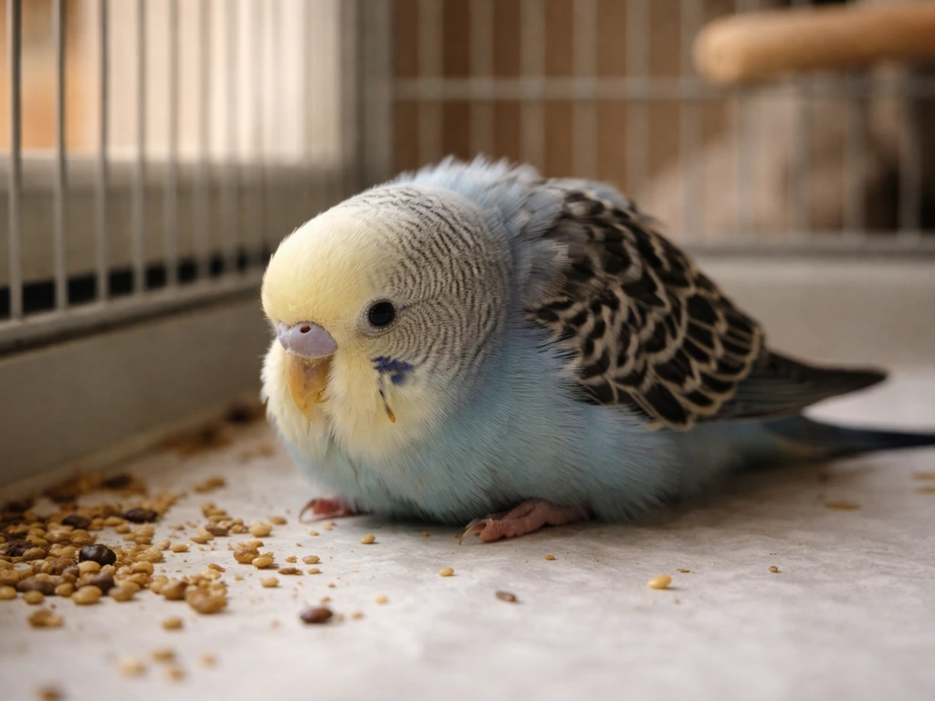 Pet bird crouched low on the cage floor in an enclosure, hunched and looking weak
