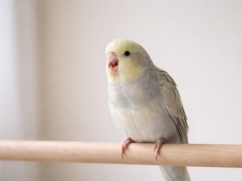 Small pet bird perched indoors showing open-mouth labored breathing, calm background, safe distance photo.
