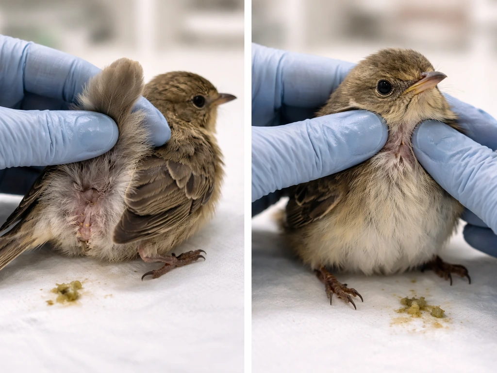 Close-up of a clinician’s gloved hands gently examining a small bird on a clean vet table