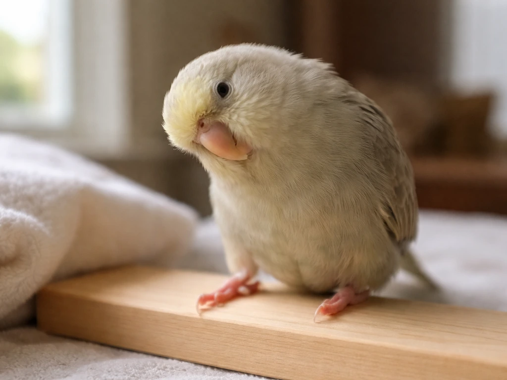 Small pet bird on a low perch showing head tilt and imbalance in soft natural light.