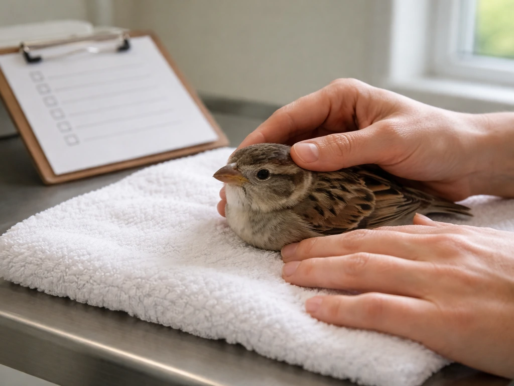 Vet performing a simple neurologic exam on a small bird on a clinic table, suggesting differential causes