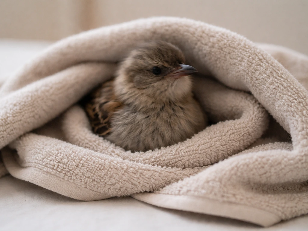 A small bird in a towel on a table with a gentle shaking posture to suggest tremor-like neurologic episodes.