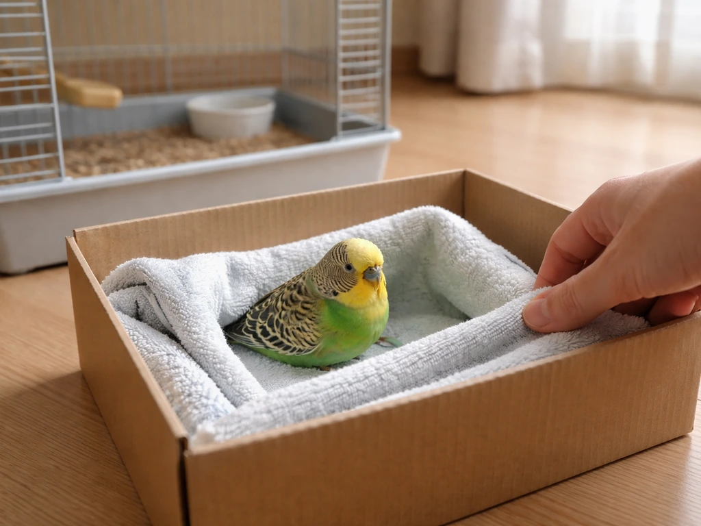 Small bird resting in a shallow towel-lined box on the floor near a cage, high perches removed.