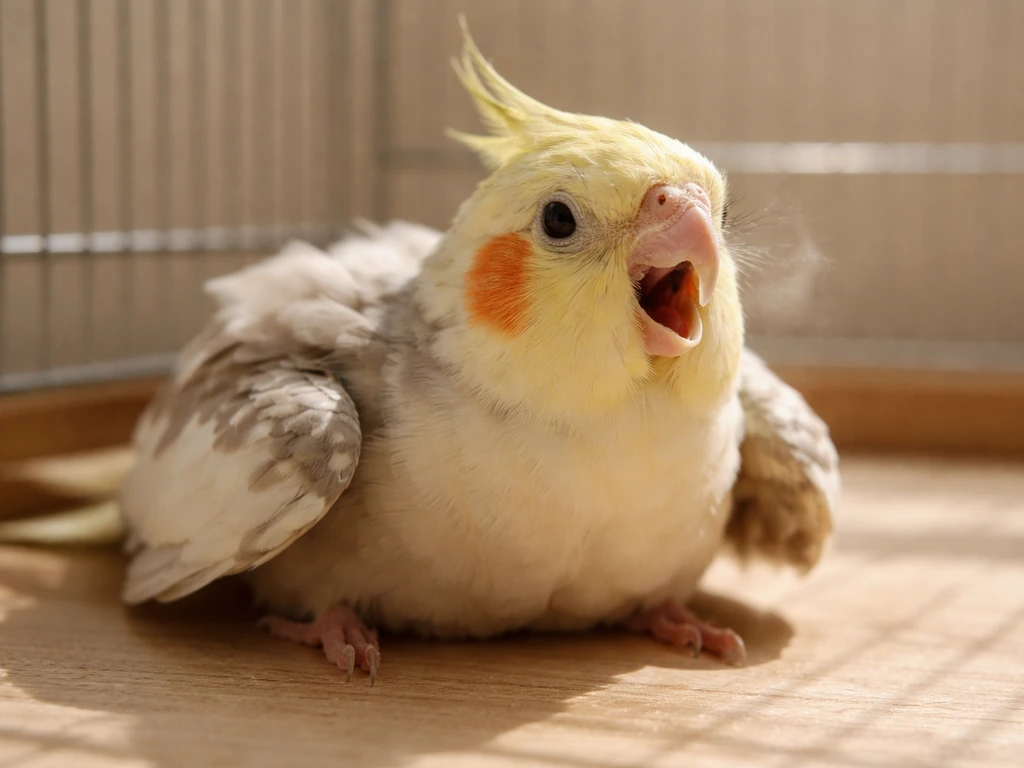 Small pet bird with fluffed feathers and open-mouth breathing, crouched low in a warm indoor setting.