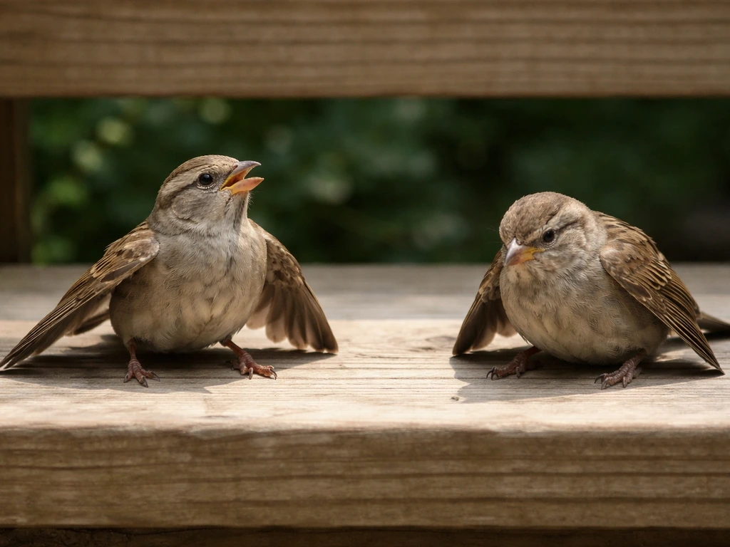 Two small birds on a shaded porch: one mildly overheated with wings slightly out, one in stronger distress posture.