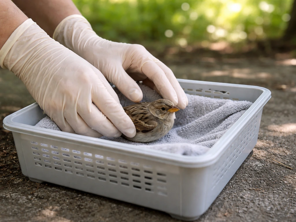 Gloved hands gently moving an injured small bird to a shaded, ventilated box for safe first aid cooling.