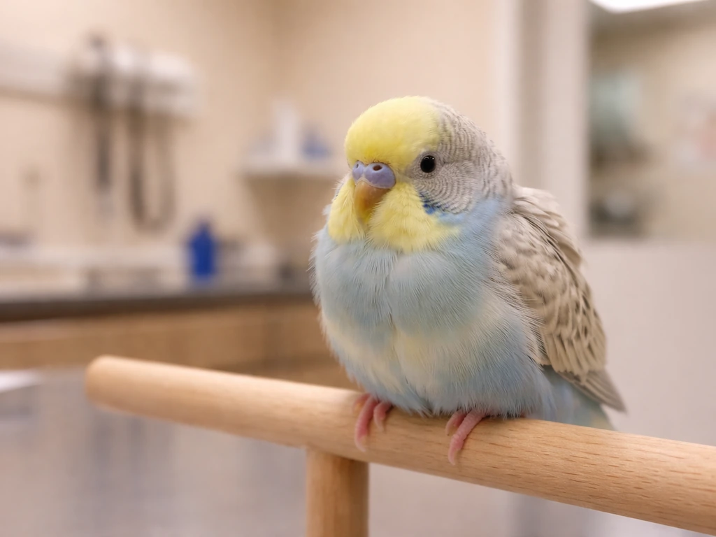 Warm close-up of a small pet bird with fluffed feathers in a calm veterinary setting