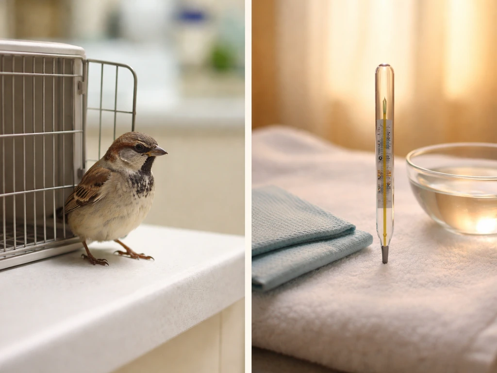 Small bird in a vet room beside an unmarked clinical thermometer to contrast bird vs human fever concepts