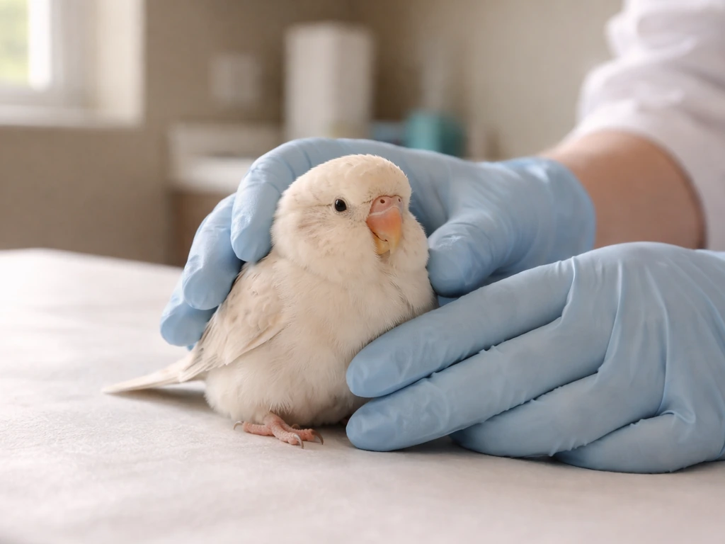 A small generic bird on a vet exam table with gloved hands gently supporting it.