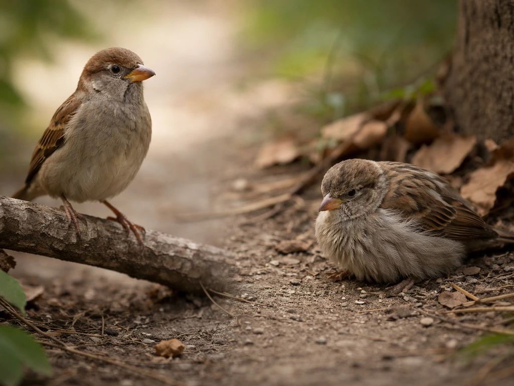 Brown bird perched upright and alert, beside a fluffed hunched bird on the ground indicating illness