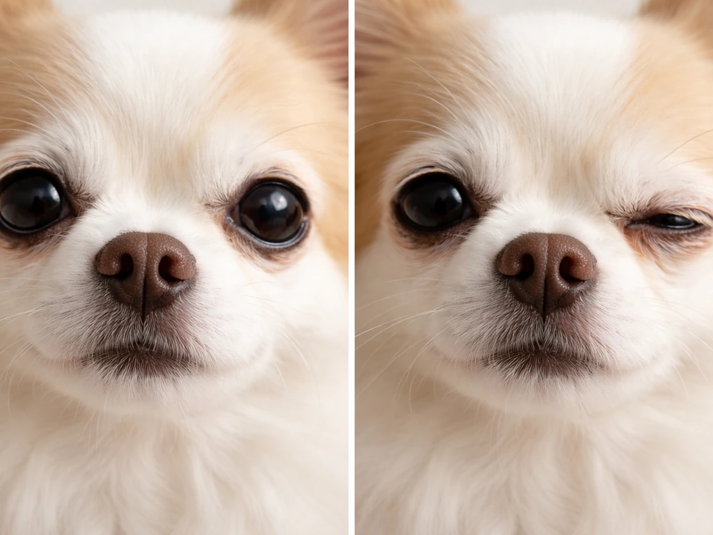 Close-up of a pet’s face showing bright open eye and slightly sunken eye with nostril check details.