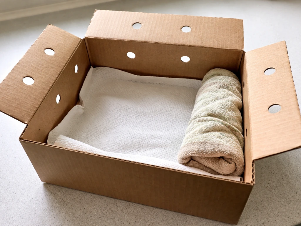 Small cardboard shoebox with air holes lined with cloth and a towel-wrapped warm pack tucked inside.