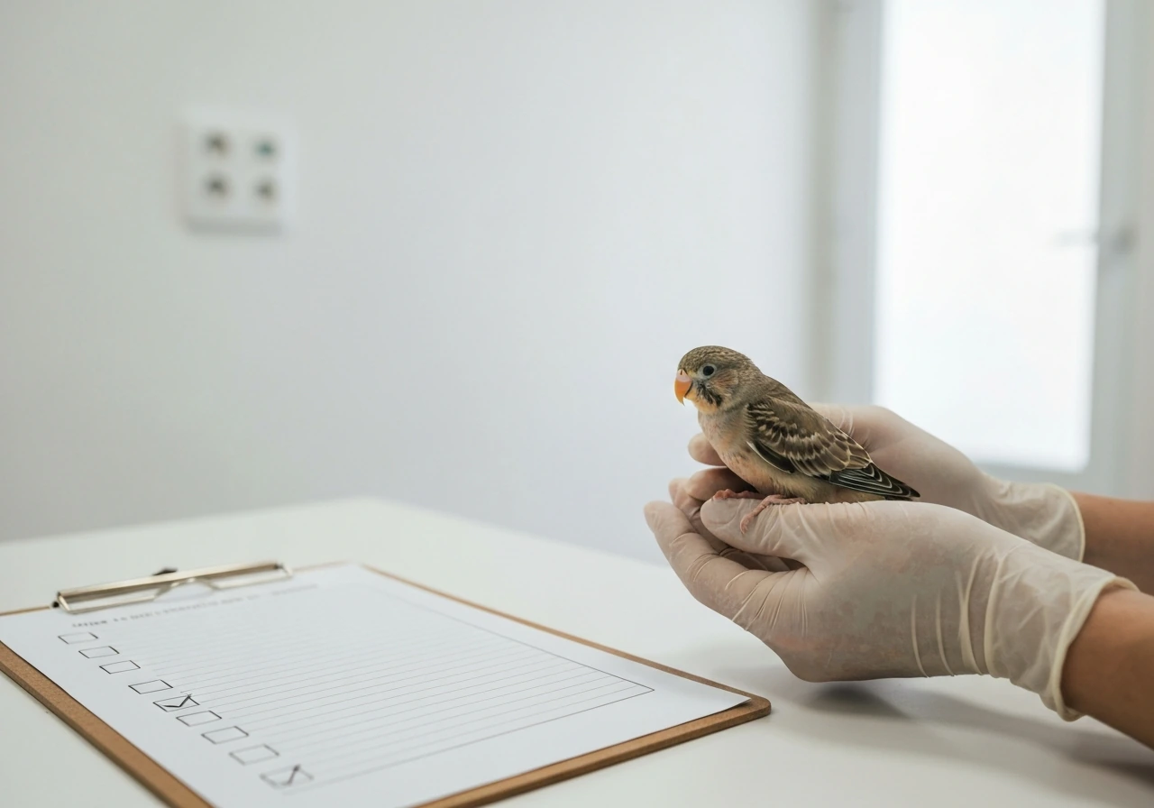 A veterinarian gently examines a calm pet bird beside a symptom checklist page.