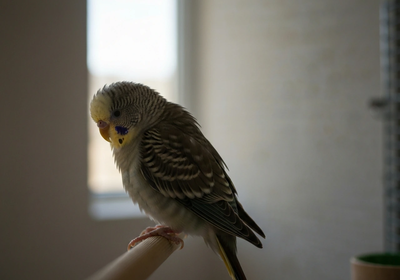 Small pet bird with fluffed feathers and subdued posture on a perch in soft natural light.
