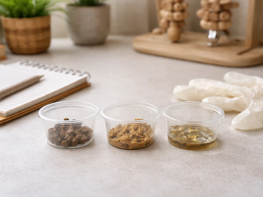 Close-up of three droppings samples in containers showing normal, mushy, and very wet differences.