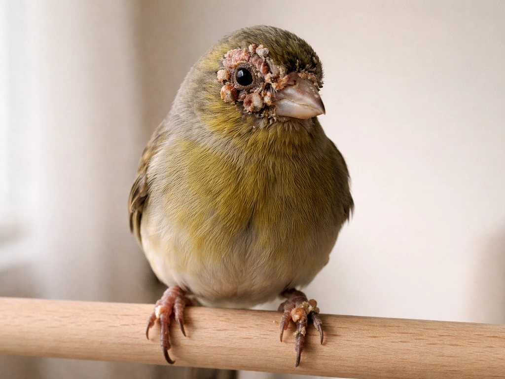 Close-up of a small bird on a simple perch with crusty, scab-like lesions on bare skin near the eye