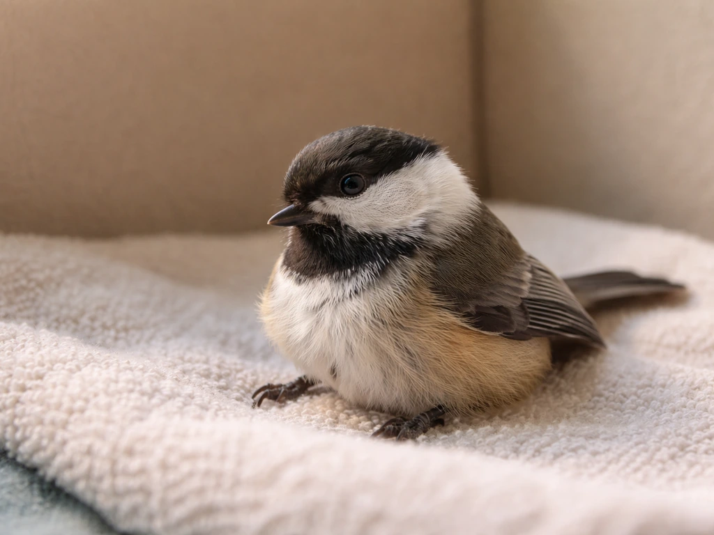 A small bird in a calm setting with a slight head tilt, suggesting possible head injury symptoms.