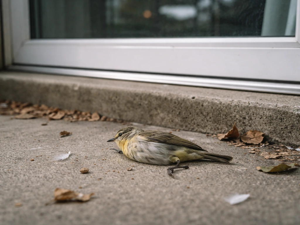 A stunned wild bird lies on the ground beneath a window after a suspected collision.