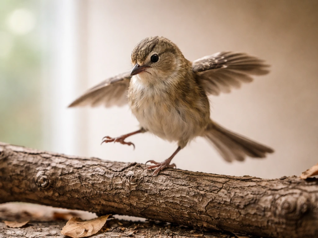 A small bird on a natural branch stumbles while trying to perch, showing balance and coordination issues.