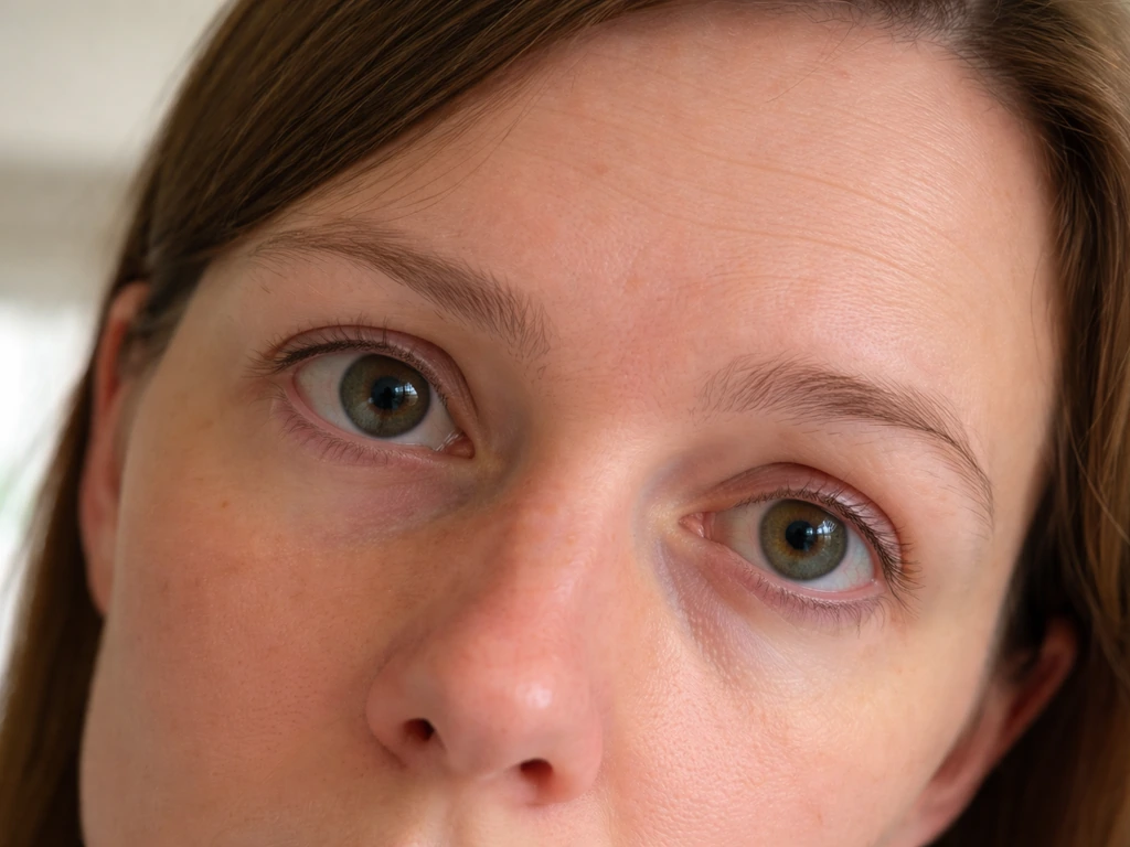 Close-up of an anonymous person’s eyes with unequal pupil size and unfocused tracking, head slightly tilted.