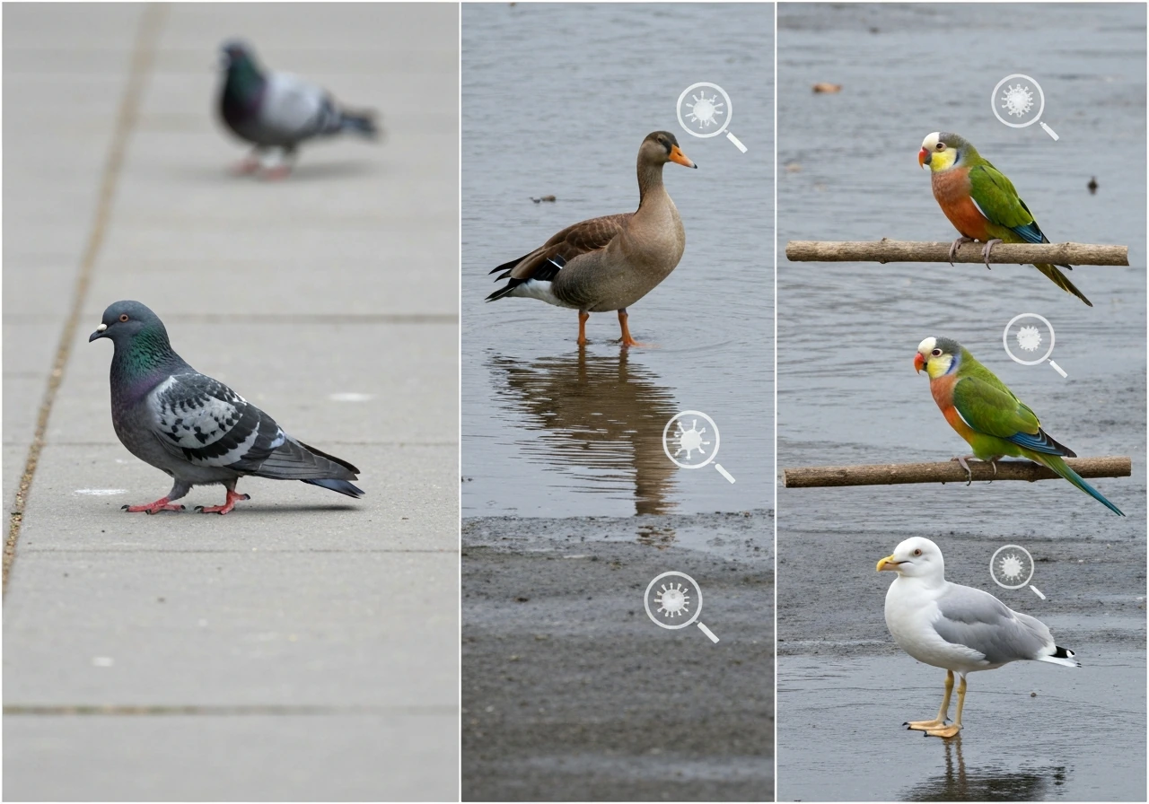 Split-view photo of urban pigeon, duck/goose, parrot, and gull near subtle pathogen silhouettes, showing varied disease