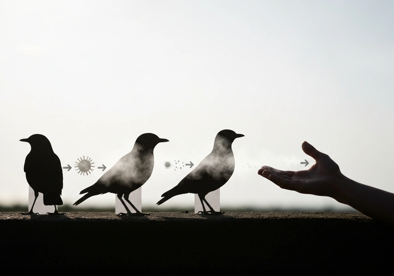 Generic bird silhouettes with drifting mist particles moving toward a hand to show disease transmission risk.