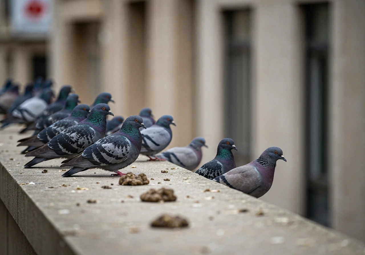 Crowded pigeons and doves roosting on an urban ledge with visible droppings on concrete.