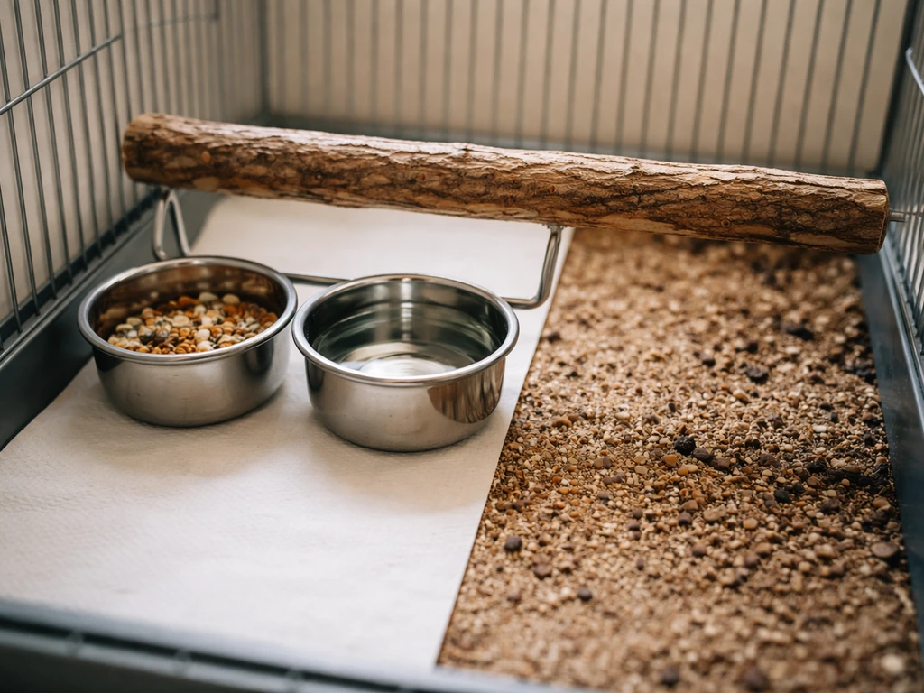 Close-up of a parrot cage perch and bowls showing a clean vs slightly dirty hygiene area.