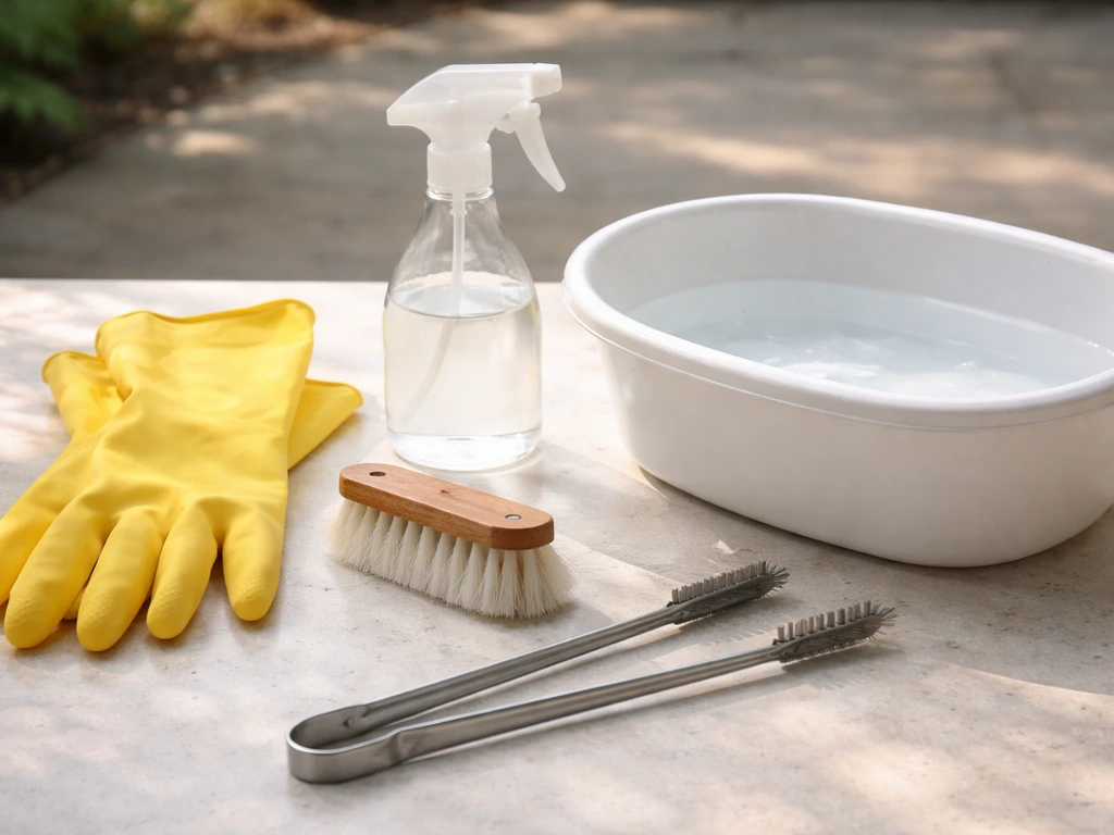 Staged cleaning supplies—gloves, scrub brush, spray bottle, and rinse basin—for bird feeder hygiene.