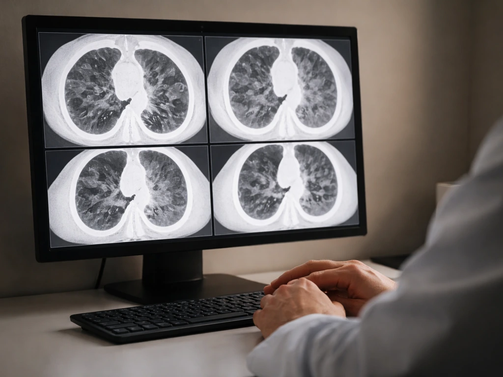 Radiologist’s view of HRCT-style lung images showing ground-glass opacities and small nodules on a monitor.