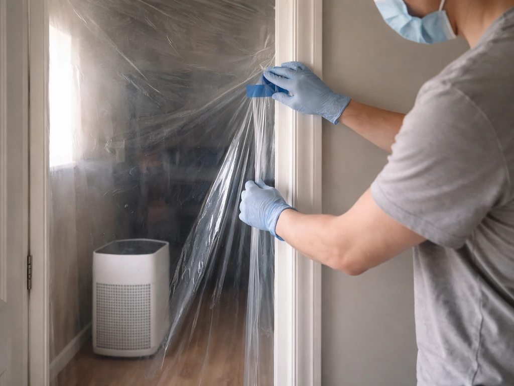 Person sealing off a bird room doorway and setting a HEPA air purifier to reduce dust exposure