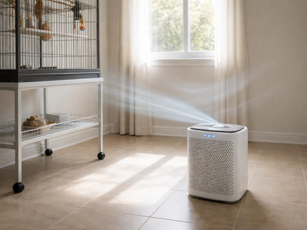 Air purifier running in a clean bird-room corner with visible airflow toward the cage area