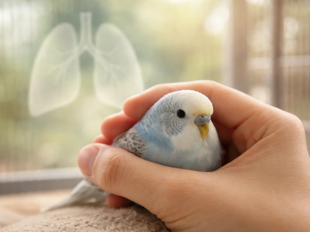 Hand gently holding a small bird near a ventilated aviary, with a subtle lung silhouette overlay.