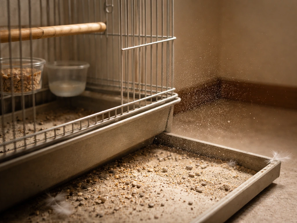 Close-up of a bird cage with visible fine dust particles in the area where droppings collect.