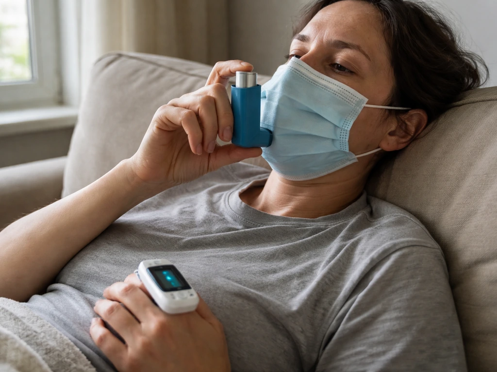 Masked person resting on a couch with pulse oximeter and inhaler, suggesting flu-like acute lung symptoms.