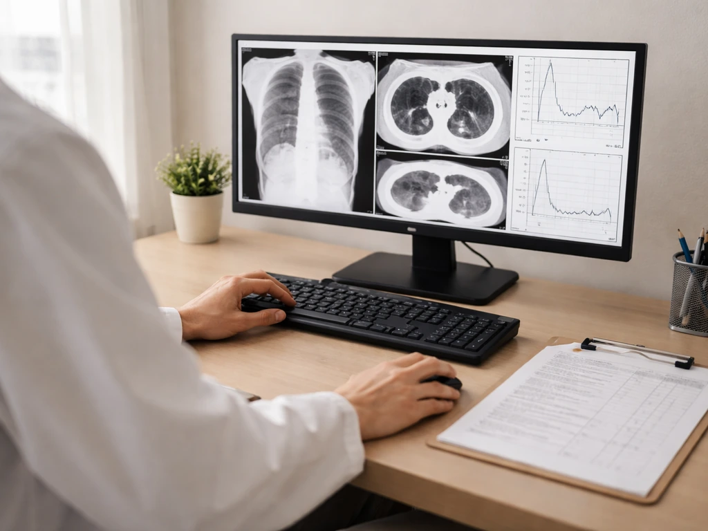Clinician reviewing CT/X-ray and pulmonary function test results on a monitor with an exposure checklist.