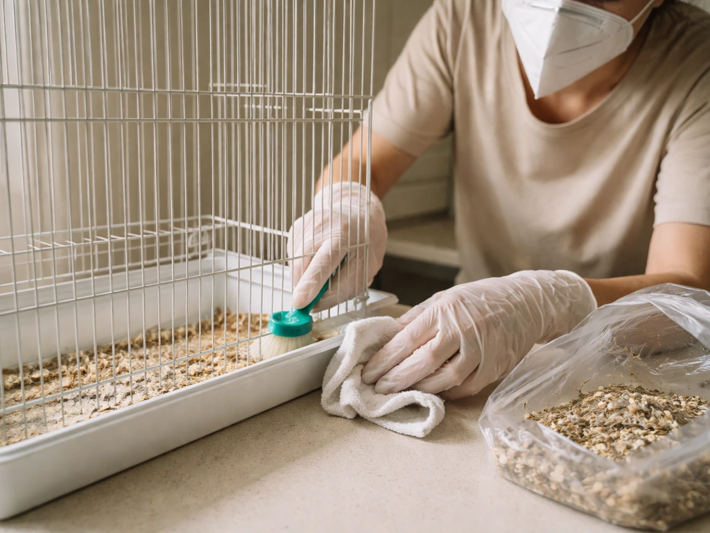 Gloved hands cleaning a bird cage while wearing an N95 respirator; bagged waste ready for disposal.