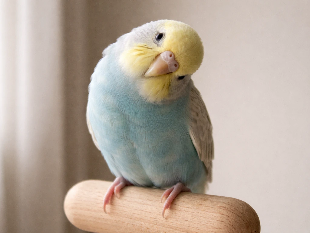 Small pet bird with head tilt perched on a safe wooden stand during calm observation.