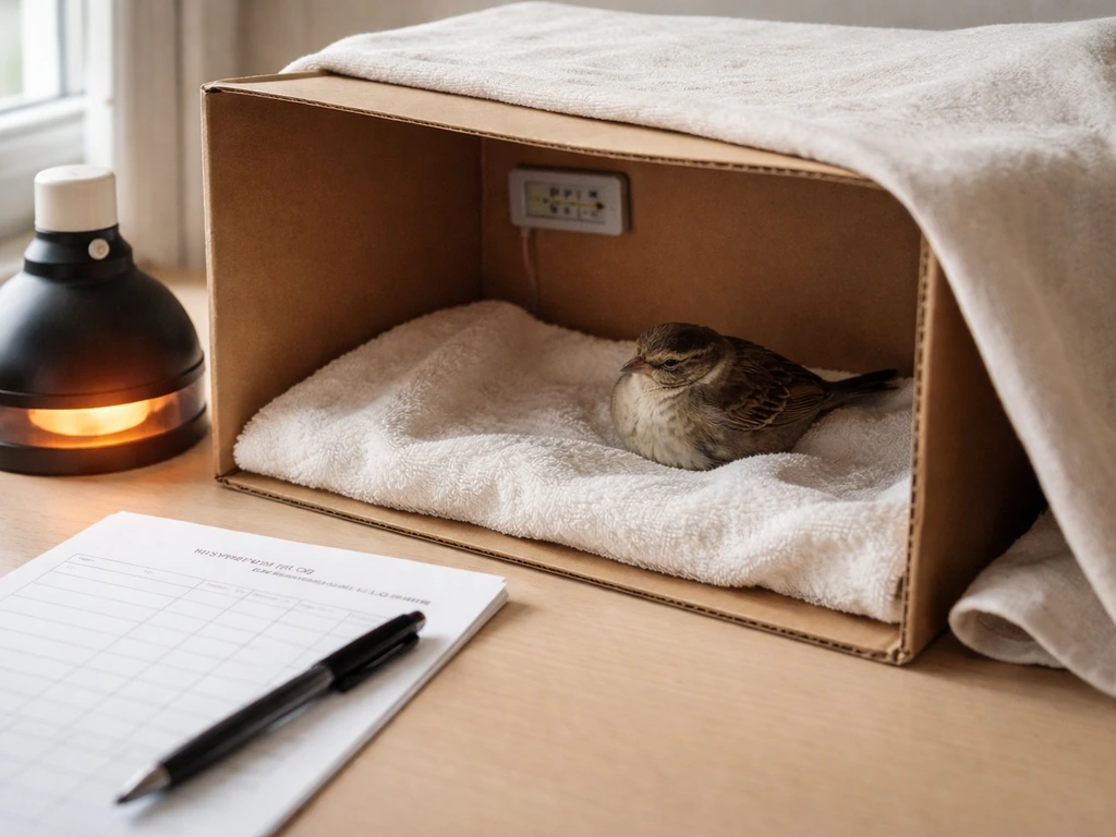 Calm small bird in a warm towel-lined carrier with a safe heat source, thermometer, and blank log sheet nearby.