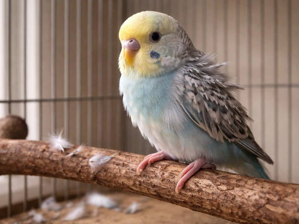 Close-up of a small pet bird in active molt with visible pin feathers and scattered feathers on a perch