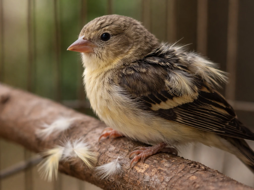Close-up of a molting bird with visible pin feathers and a few loose feathers nearby on a perch.